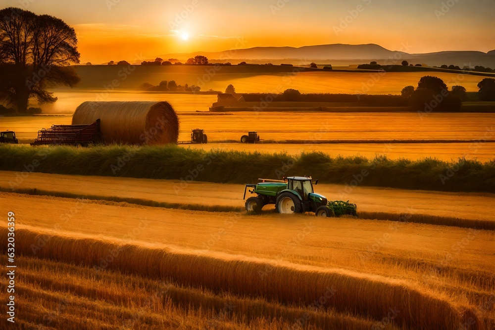 Fototapeta premium sunset over the field with a house and hay - Generative AI