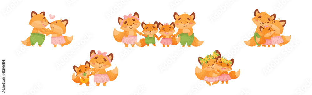 Happy Fox Family with Mother, Father and Little Cub Vector Set Happy Fox Family with Mother, Father and Little Cub Vector Set