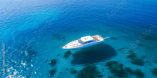 Spectacular aerial view of a solitary yacht cruising azure Mediterranean waters near Spains coast, embodying serenity, freedom and summer adventure. Generative AI © XaMaps