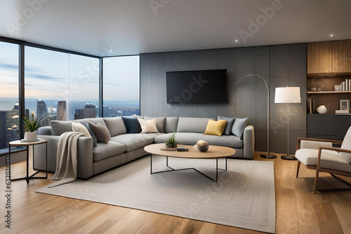 A cozy modern living room with a plush sectional sofa surrounding a low wooden table  soft throw blankets and cushions creating an inviting atmosphere