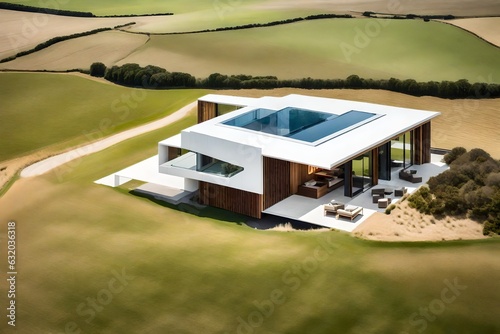 View of a modern house located in middle of a field - Generative AI © MuhammadTalha