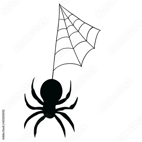Drawing of black spider and spider web for Halloween campaign logo, insect, animal decoration, element, October, scary, spooky, autumn, icon, sticker, trick or treat, ads, social media post