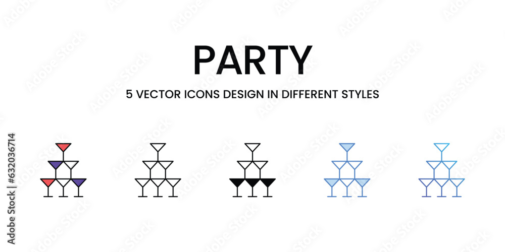 Party Icon Design in Five style with Editable Stroke. Line, Solid, Flat Line, Duo Tone Color, and Color Gradient Line. Suitable for Web Page, Mobile App, UI, UX and GUI design.