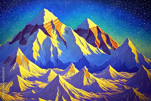 Magical fantasy of mount Everest with sparkle blue star inspired art by Vincent Van Gogh.