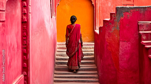 Photo Captivating Jaipur cityscape with local woman in traditional fuchsia sari, enhancing the rosy palette and echoing the citys royal allure