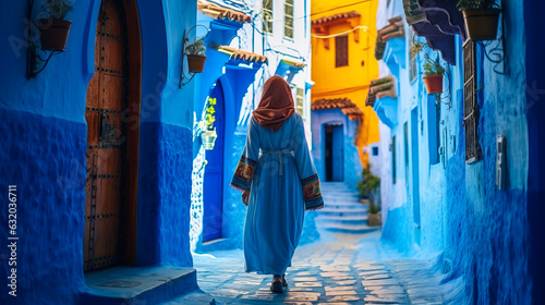 Vibrant snapshot capturing a womans journey through the strikingly blue streets of Chefchaouen, Morocco - embodying exploration, culture, and picturesque architecture. Generative AI © XaMaps