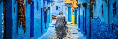 Enthralling image of a woman exploring vibrant blue streets in Chefchaouen, Morocco - a captivating merge of culture, travel, and picturesque cityscape. Generative AI © XaMaps