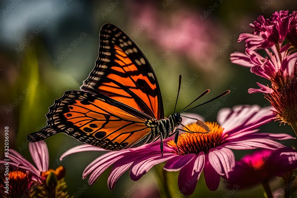 Fototapeta premium a close up of butterfly on flower - Generative AI