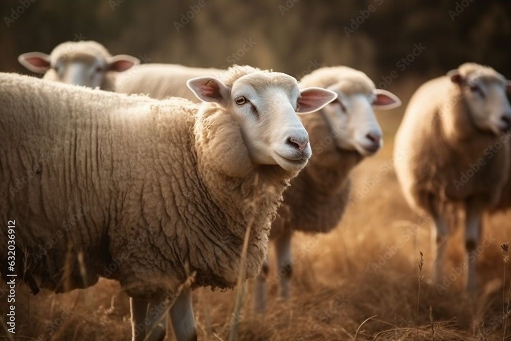 Happy sheep roaming free on farm meadow . Farm animal welfare and care. Generative Ai Happy sheep roaming free on farm meadow . Farm animal welfare and care. Generative Ai
