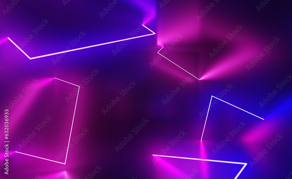 Abstract neon geometric background 3d render. Glowing lines triangle ...