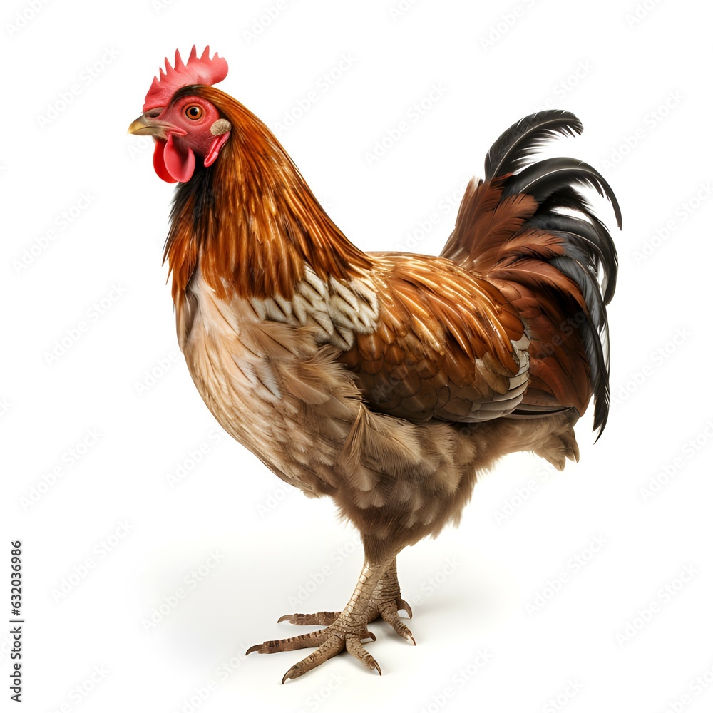 Fototapeta premium Full body of brown chicken hen standing isolated white background Generative AI