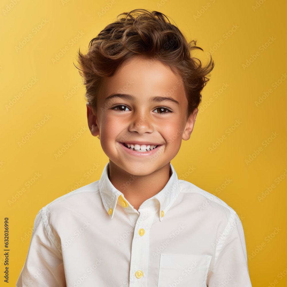 Portrait of a smiling little boy in a white shirt on a yellow background. Closeup portrait of a happy smiling caucasian boy looking to the camera Portrait of a smiling little boy in a white shirt on a yellow background. Closeup portrait of a happy smiling caucasian boy looking to the camera