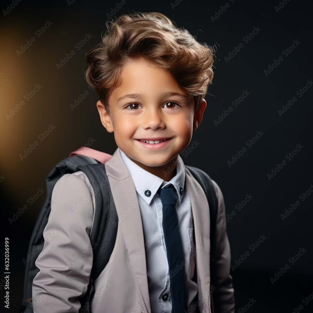 Portrait of a happy school child with backpack on dark background and looking to the camera with a smile. Cheerful european schoolboy dressed in school suit posing at studio. Back to school concept. Portrait of a happy school child with backpack on dark background and looking to the camera with a smile. Cheerful european schoolboy dressed in school suit posing at studio. Back to school concept.