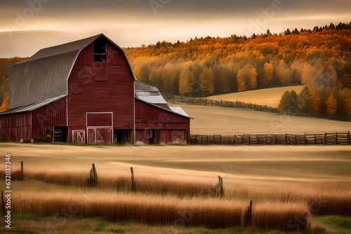 red barn in autumn in field  - Generative AI