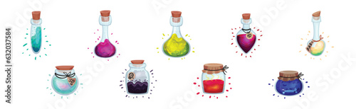 Glass Bottles and Jars with Potion Corked with Bottle Cap Vector Set