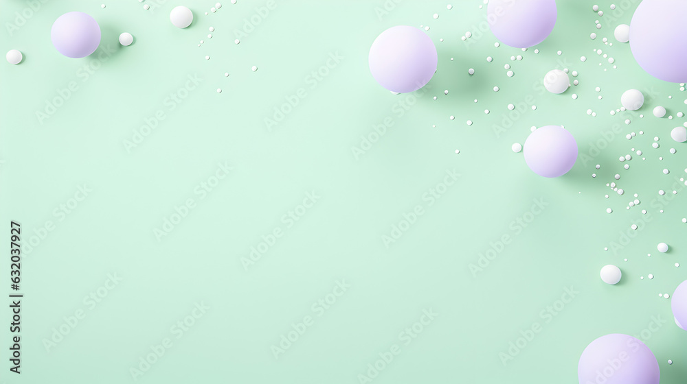 Pastel purple and white bubbles against light green background. Copy space. 