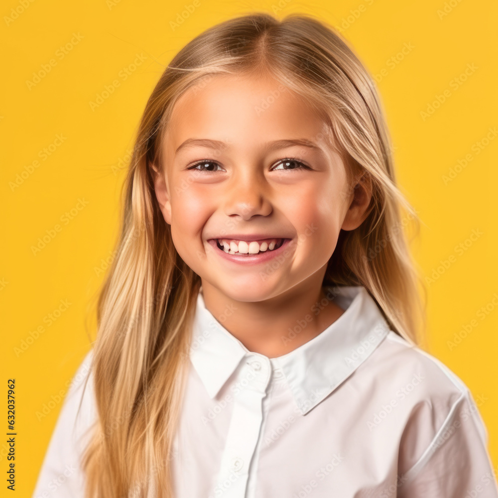 Portrait of a smiling little girl in a yellow shirt on a white background. Closeup portrait of a happy smiling caucasian girl looking to the camera Portrait of a smiling little girl in a yellow shirt on a white background. Closeup portrait of a happy smiling caucasian girl looking to the camera