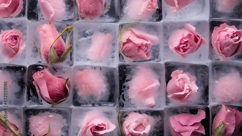 Light pink roses in ice cubes. Creative background concept.  photo