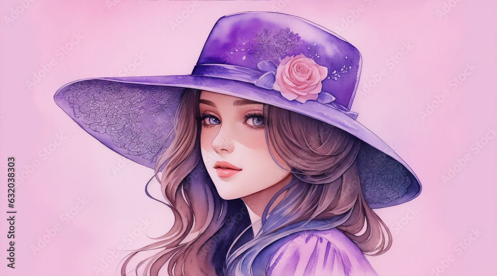 A detailed illustration of a beautiful girl wearing a hat watercolor. Generative AI. A detailed illustration of a beautiful girl wearing a hat watercolor. Generative AI.