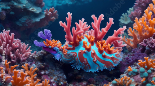 A vibrant nudibranch crawling on a coral reef. Generative AI.