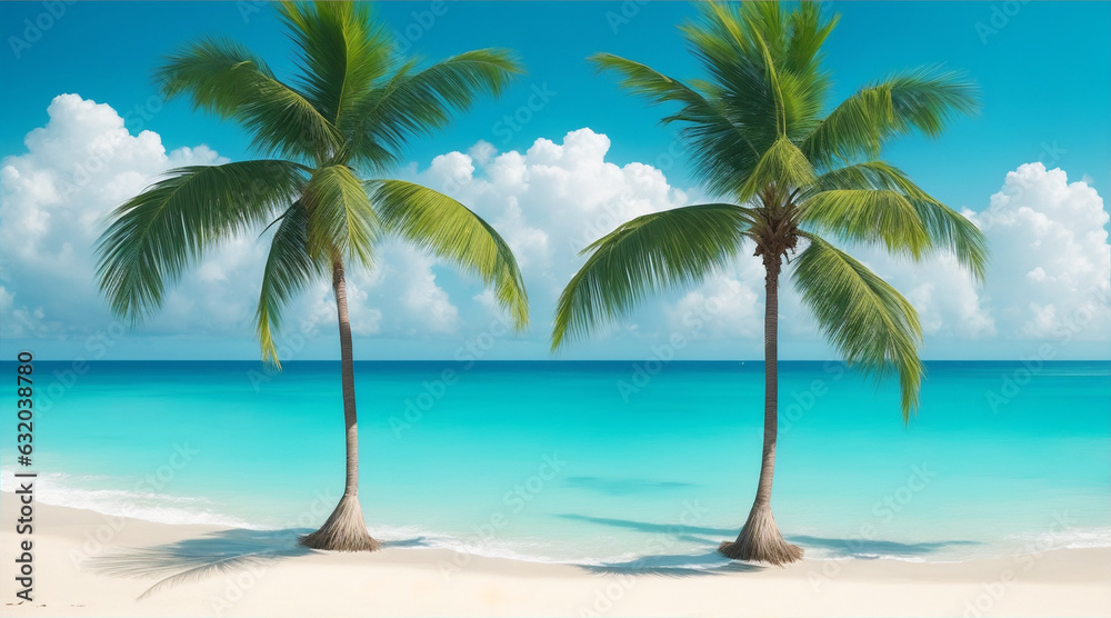 Two palms are on a beach the ocean in the style of serene oceanic vistas. Generative AI.