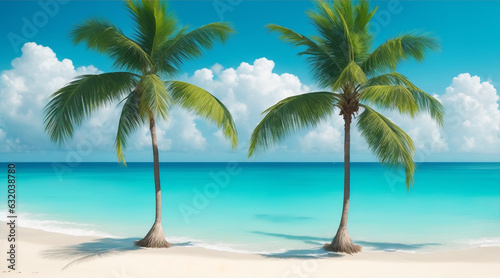 Two palms are on a beach the ocean in the style of serene oceanic vistas. Generative AI. © BornHappy