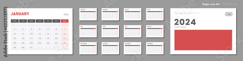 Set of Monthly page Calendar Planner Templates 2024 with Cover and place for photo, Logo. Vector layout of a wall or desk simple calendar with week start Monday. Pages for size A4 - 21x29.7 cm