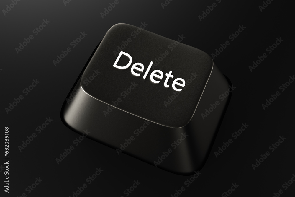 Black keyboard button with the word Delete on a black background. 3d rendering illustration. Black keyboard button with the word Delete on a black background. 3d rendering illustration.