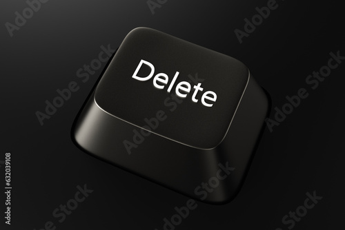 Black keyboard button with the word Delete on a black background. 3d rendering illustration.