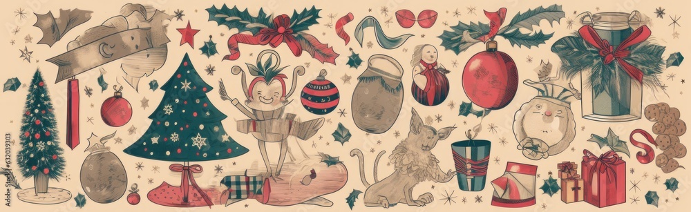 Naklejka premium Christmas decorative banner with funny Santa Claus, nutcracker, gift boxes and many others. Big Christmas collection in Scandinavian style with traditional Christmas and New Year, Generative AI