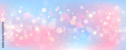 Pink unicorn background. Pastel watercolor sky with glitter stars and bokeh. Fantasy galaxy with holographic texrure. Magic marble space. Vector