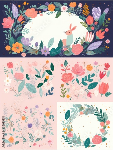 Beautiful romantic flower frames with flowers, leaves, floral bouquets, flower compositions..Easter collection with bunny and flowers, Generative AI