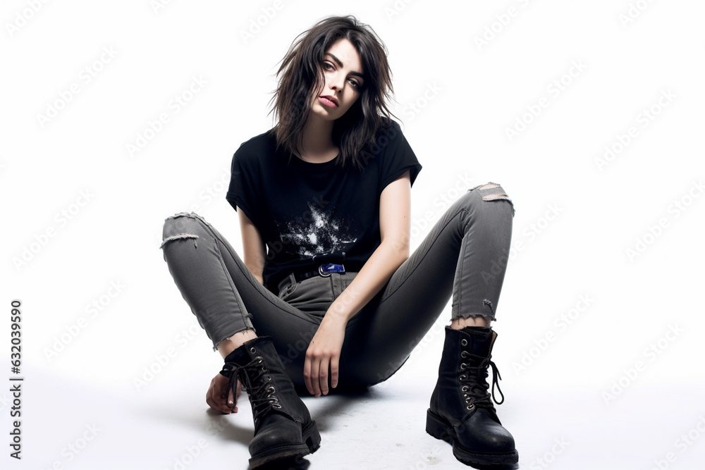 Fototapeta premium woman exuding 90s Grunge Revival vibes while confidently rocking distressed jeans, isolated on white background