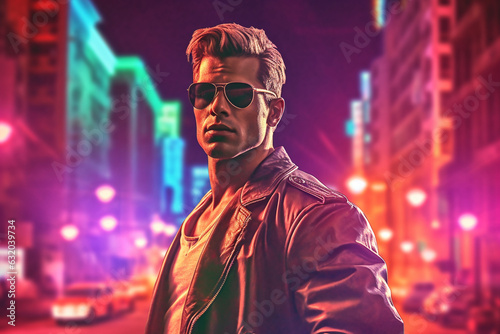 pumped up male action movie hero in sunglasses stands in neon vice lights, 1980s