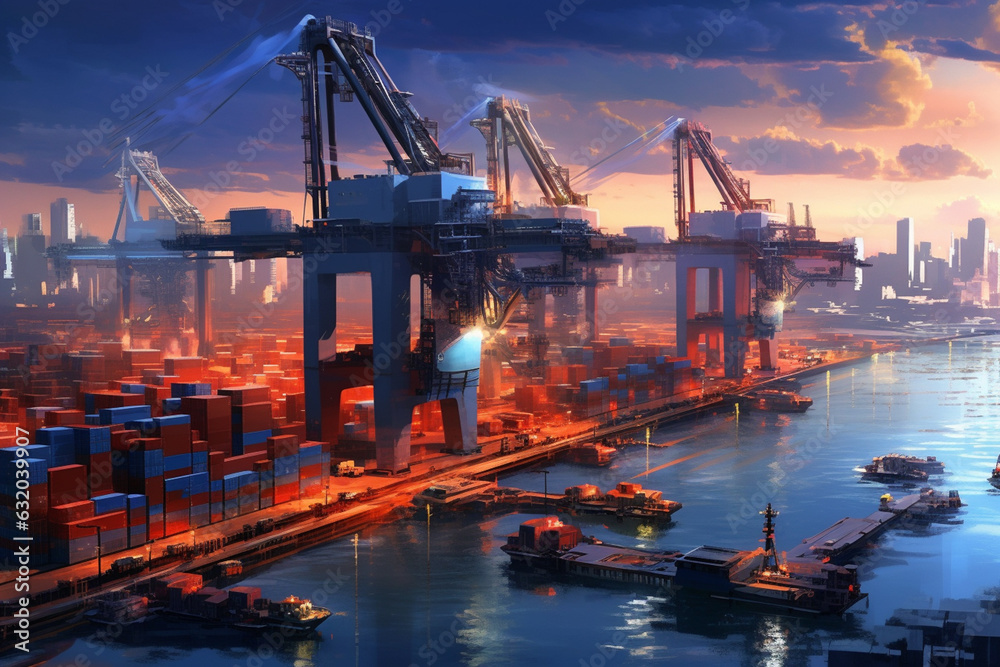 Ports of Tomorrow: futuristic container ports equipped with automated cranes and smart logistics systems, illustrating the efficiency and technological advancements in global trade
