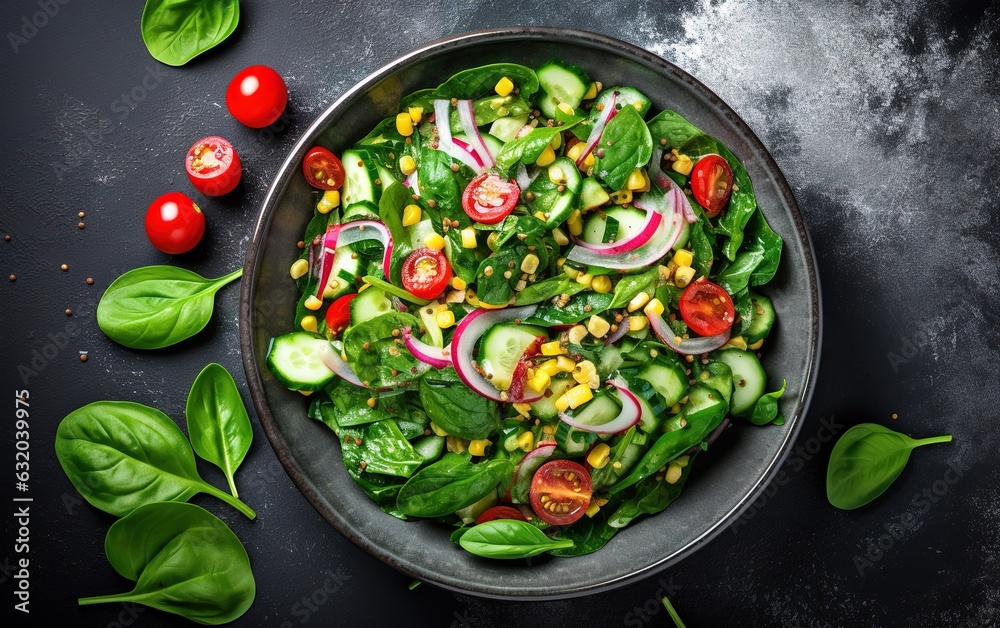a vegan salad bursting with spring flavors, composed of baby spinach, cherry tomatoes, corn salad, crisp cucumber, and tangy red onion