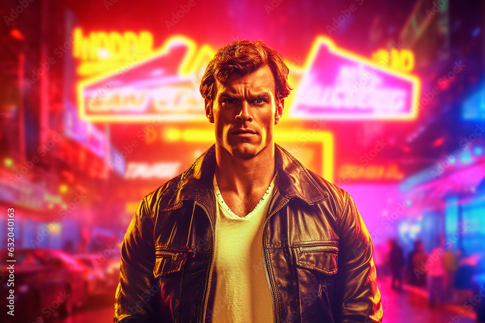pumped up male action movie hero stands in neon lights, 1980s