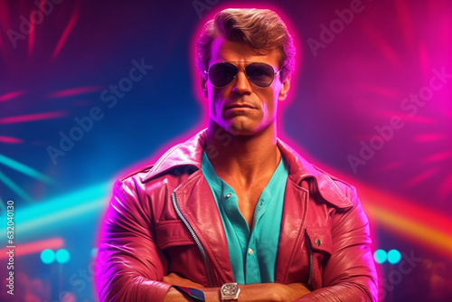 pumped up male action movie hero in sunglasses stands in neon lights, 1980s