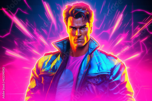 pumped up male action movie hero stands in neon lights, 1980s