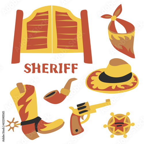 Cartoon sheriff western theme set. A set of Western sheriff's star badge, cowboy boot, hat, smoking pipe, commissariat door, bandana, revolver. Mini collection protection of citizens