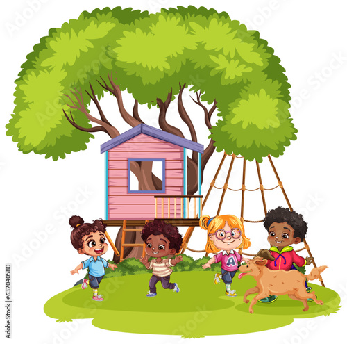 Multicultural Kids and Dog Playing at Playground