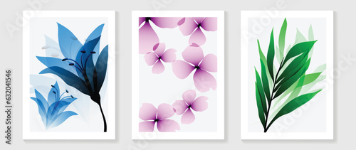 Abstract floral wall art template. Set of botanical hand drawn wall decoration with flowers, leaves, wildflower. Colorful watercolor texture design for wallpaper, banner, prints, interior, poster. 
