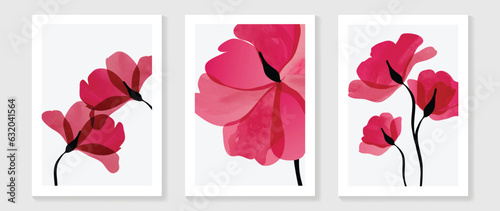 Abstract floral wall art template. Set of botanical hand drawn wall decoration with flowers, leaves, wildflower. Colorful watercolor texture design for wallpaper, banner, prints, interior, poster. 