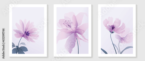 Abstract floral wall art template. Set of botanical hand drawn wall decoration with flowers, leaves, wildflower. Colorful watercolor texture design for wallpaper, banner, prints, interior, poster. 