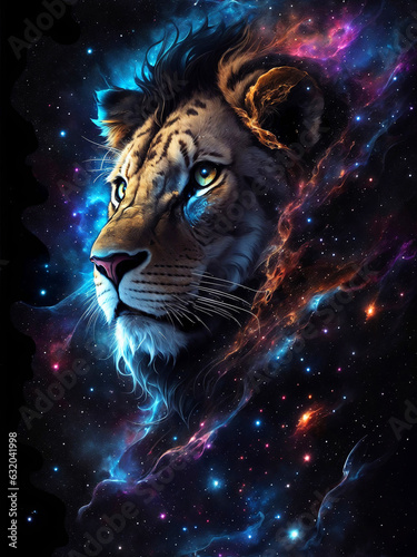 Illustration of a Lion King Head in Space Nebula with Glowing Background. Esoteric Horoscope and Fortune Telling Concept Design for Poster  Banner  Invitation  Greeting Card or Cover. Ai Generated.