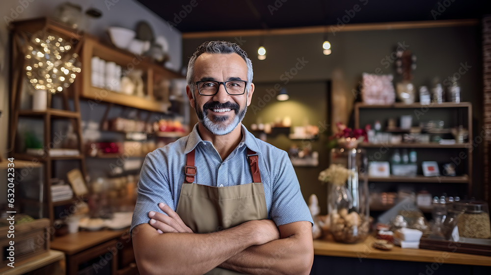 Successful small business owner standing with crossed arms with his trendy cafe in background.?reated with Generative AI technology.