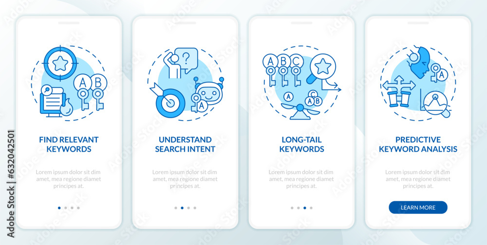 Naklejka premium 2D blue icons representing AI for SEO mobile app screen set. Walkthrough 4 steps graphic instructions with line icons concept, UI, UX, GUI template.