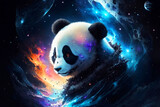 Illustration of Panda Bear in Galaxy Universe with Space Nebula Background. Esoteric and Wild Animal Concept Design for Poster, Banner, Invitation, Greeting Card or Cover. Ai Generated.