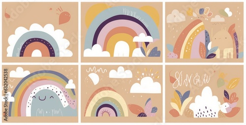Decorative abstract art collection with modern rainbows, funny dinosaur baby and clouds. Hand-drawn modern illustration. Baby trendy decorative, Generative AI