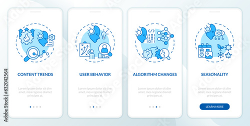 2D icons representing AI for SEO mobile app screen set. Walkthrough 4 steps blue graphic instructions with thin line icons concept, UI, UX, GUI template.